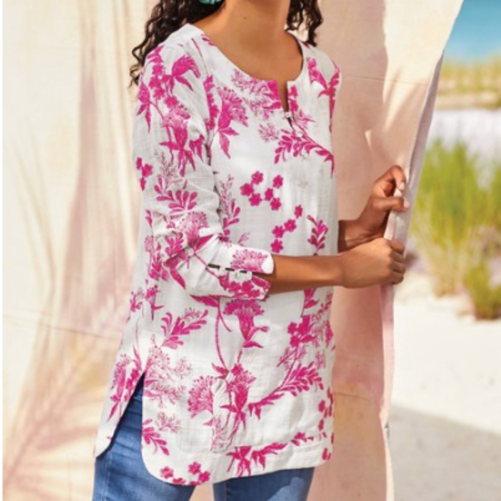 NWT Soft Surroundings Tunic Pink White Size S Etienne Embroidery 100% Cotton